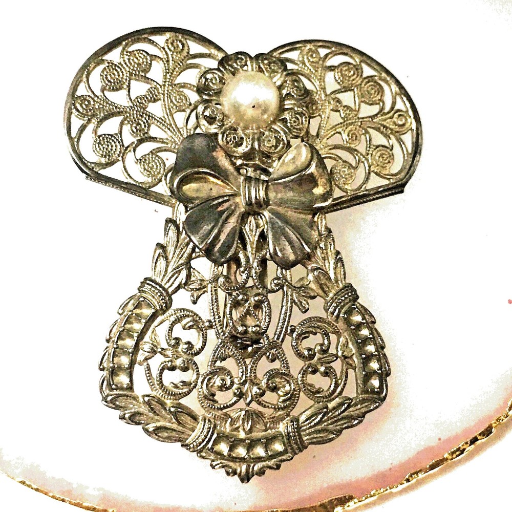 Guardian Angel Brooch Silver Tone with Faux Pearl Vintage 90s Jane Signed